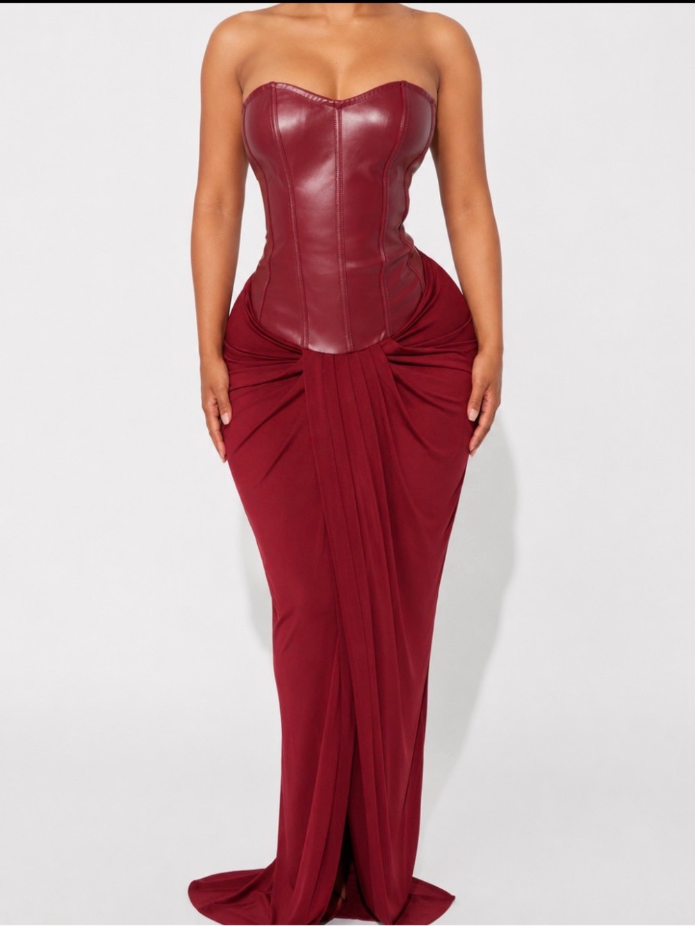 Strapless Burgundy Leather Corset Gown